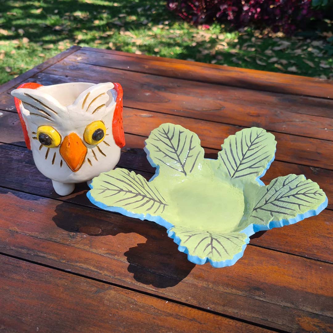 Ceramic Owl Planter & Leaf Bowl